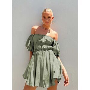 PRINCESS POLLY Olive Green Short Balloon Sleeve Mini Dress